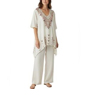 JOHNNY WAS Boho Short Sleeve Tee Cream Embroidered Tunic 1/2 Sleeve Small K4
